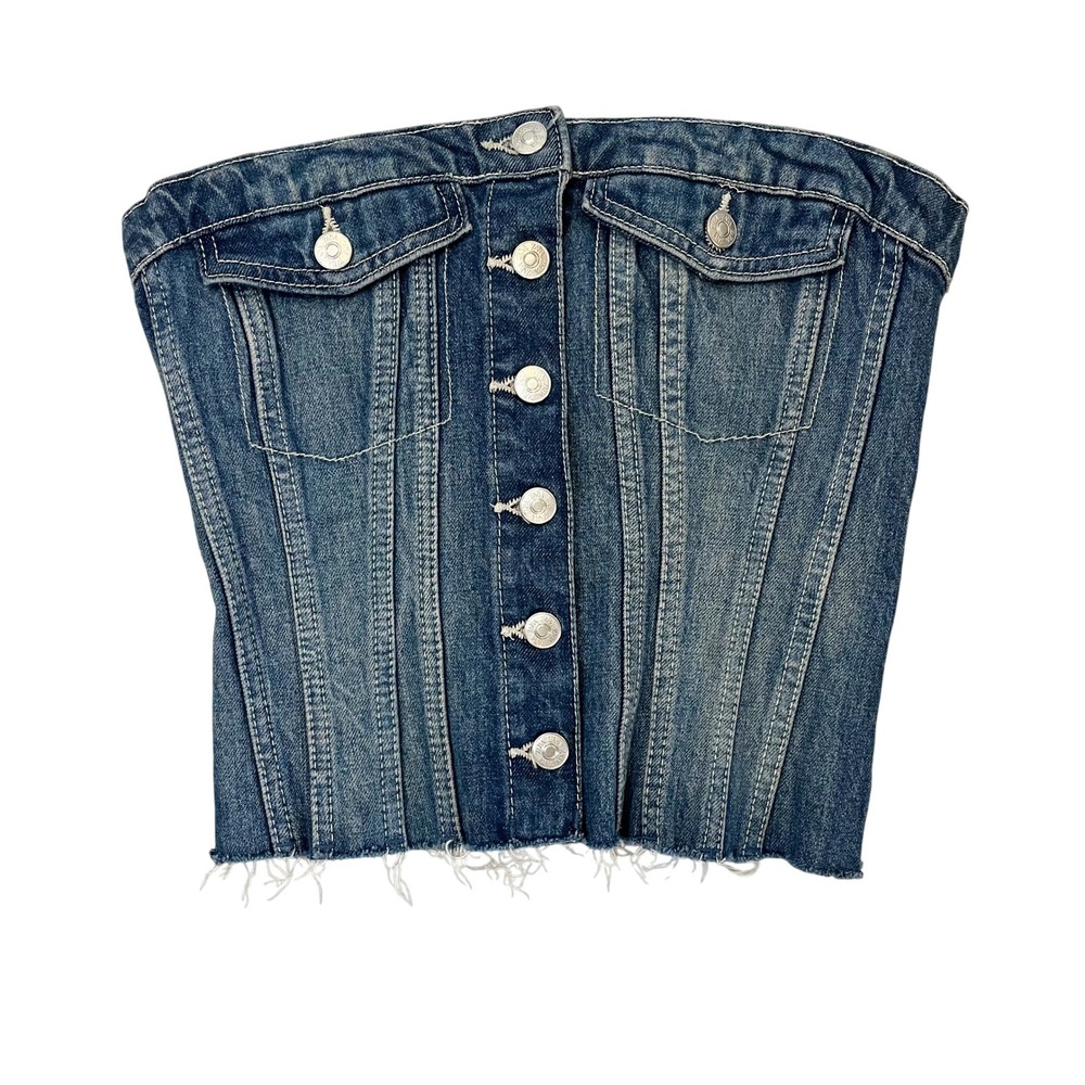 Zara Jean Button Front Tube Top Medium Wash Denim Strapless Corset Size Medium